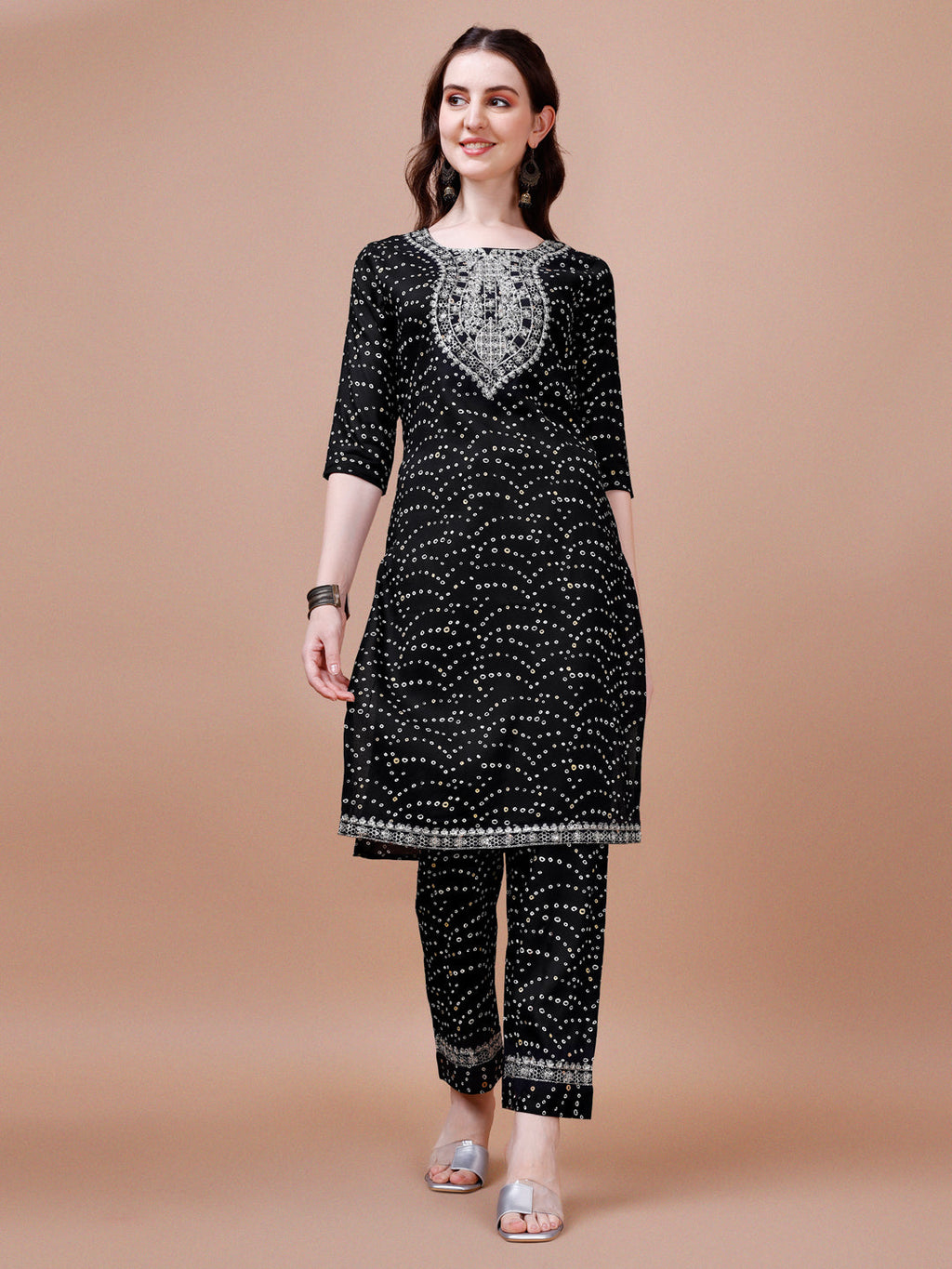 Multicolor Embroidered & Bandhani Printed Kurta Set with Dupatta