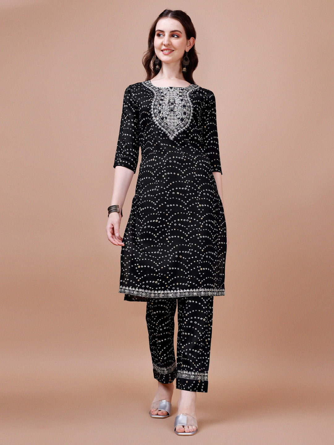 Multicolor Embroidered & Bandhani Printed Kurta Set with Dupatta