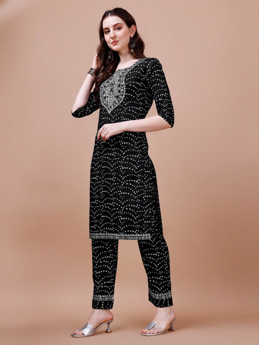 Multicolor Embroidered & Bandhani Printed Kurta Set with Dupatta