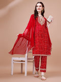 A multicolor Bandhani printed kurta set featuring elegant embroidery, complete with matching pants and dupatta.