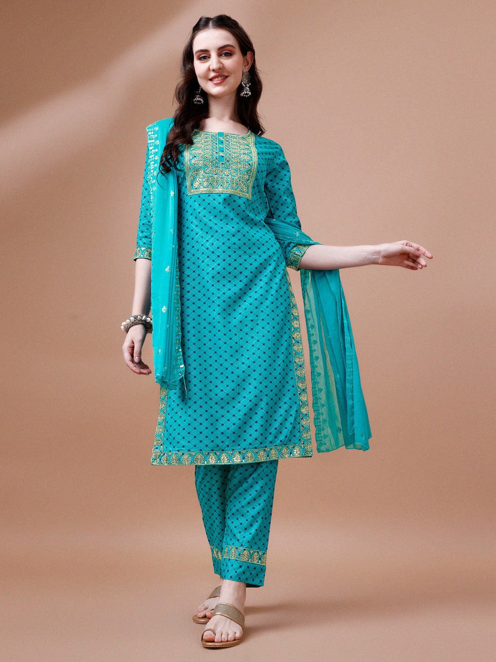Multicolor embroidered kurta set with quirky prints, including matching pants and dupatta.