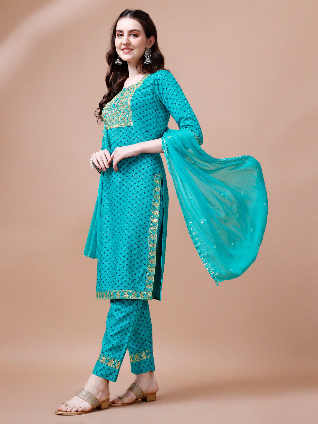 Multicolor Embroidered Kurta Set with Quirky Print & Dupatta