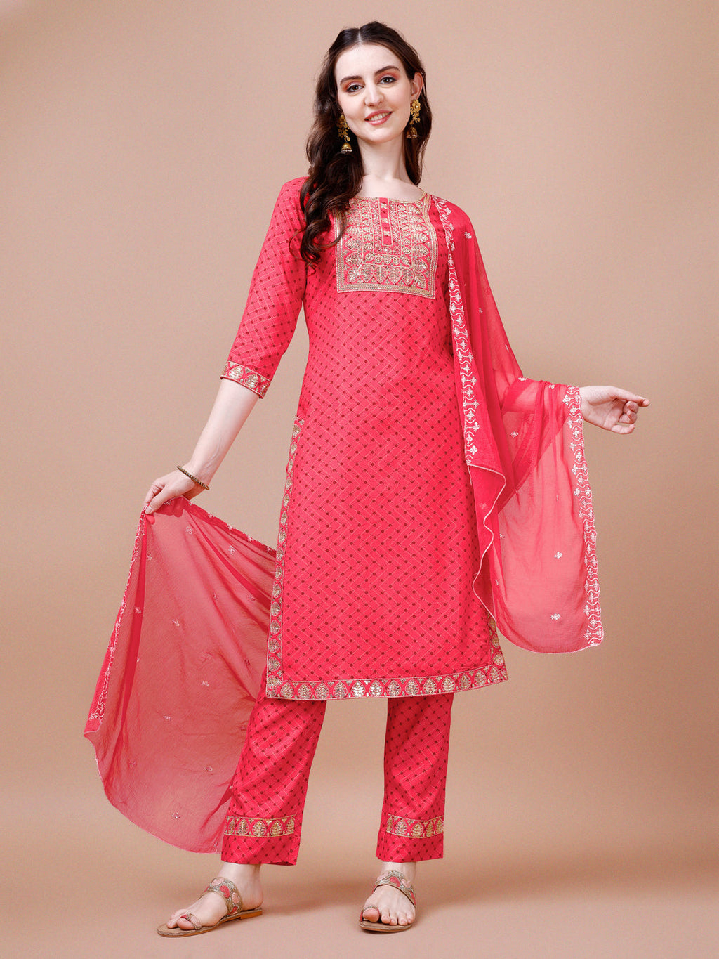 Embroidered and quirky printed rayon kurta set in multicolor
