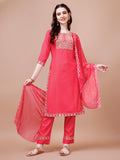 Embroidered and quirky printed rayon kurta set in multicolor