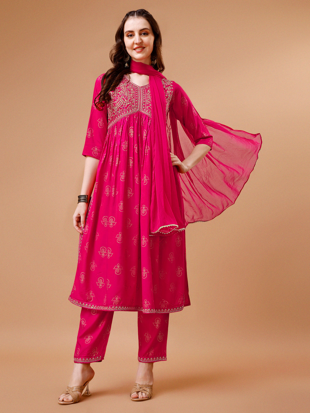Multicolor Alia cut embroidered and printed kurta set with pant and dupatta