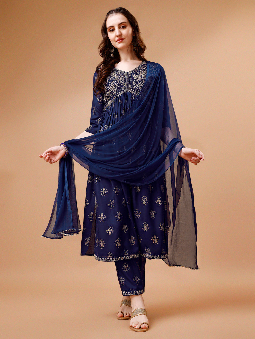 Multicolor Alia Cut embroidered kurta paired with matching pants and dupatta.