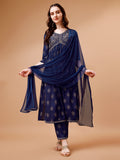 Multicolor Alia Cut embroidered kurta paired with matching pants and dupatta.