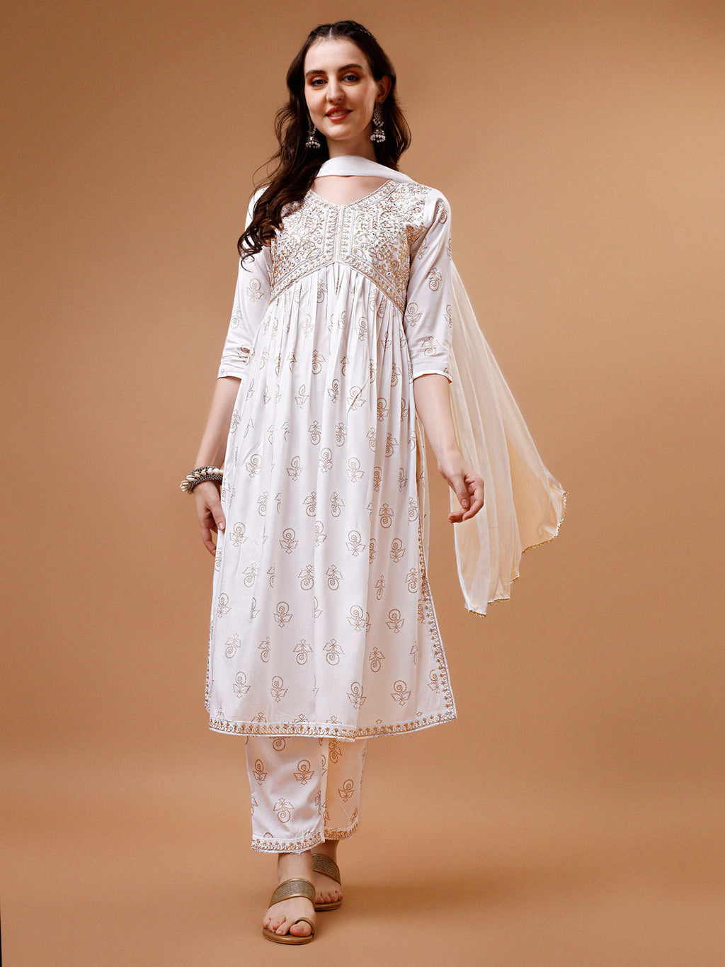 Multicolor Alia cut kurta set with embroidery and matching printed dupatta