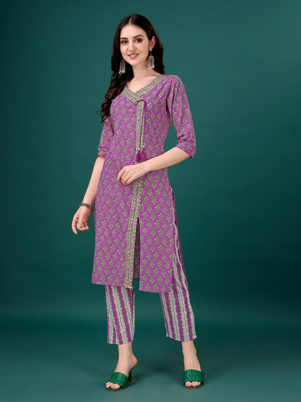 Multicolor Printed Angrakha Style Kurta Set with Dupatta