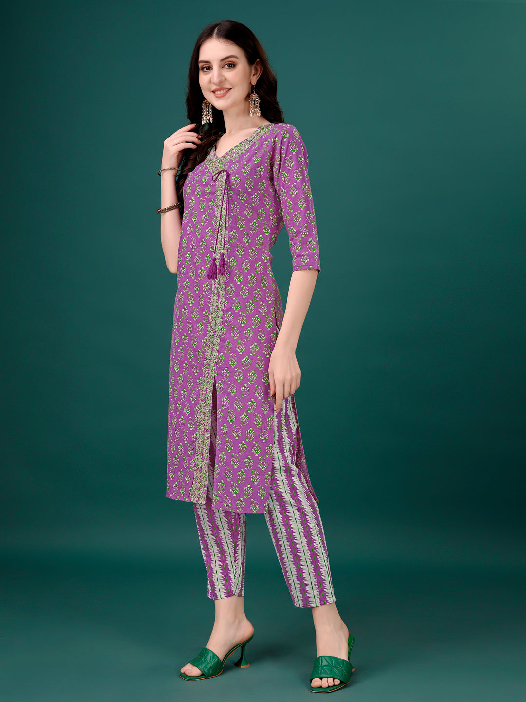 Multicolor Printed Angrakha Style Kurta Set with Dupatta
