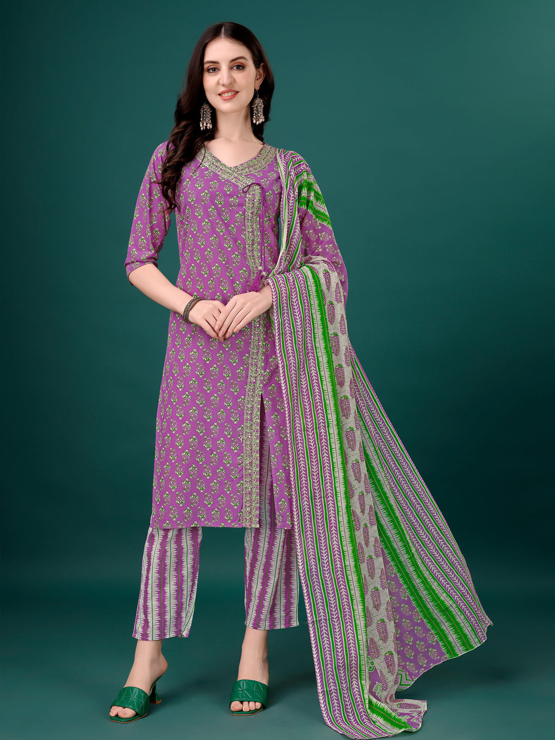 Multicolor Angrakha style kurta with printed pants and matching dupatta.