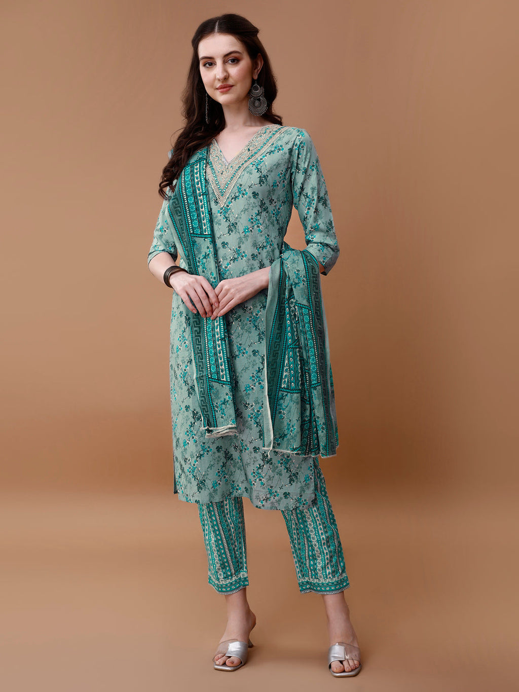 Multicolor floral embroidered rayon kurta set with matching pant and dupatta