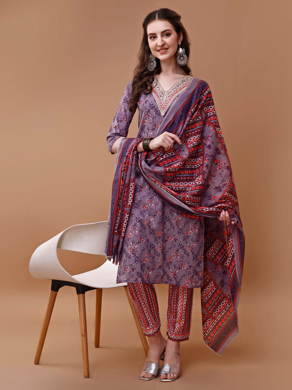 Multicolor floral embroidered rayon kurta with matching pants and dupatta