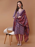 Multicolor floral embroidered rayon kurta with matching pants and dupatta