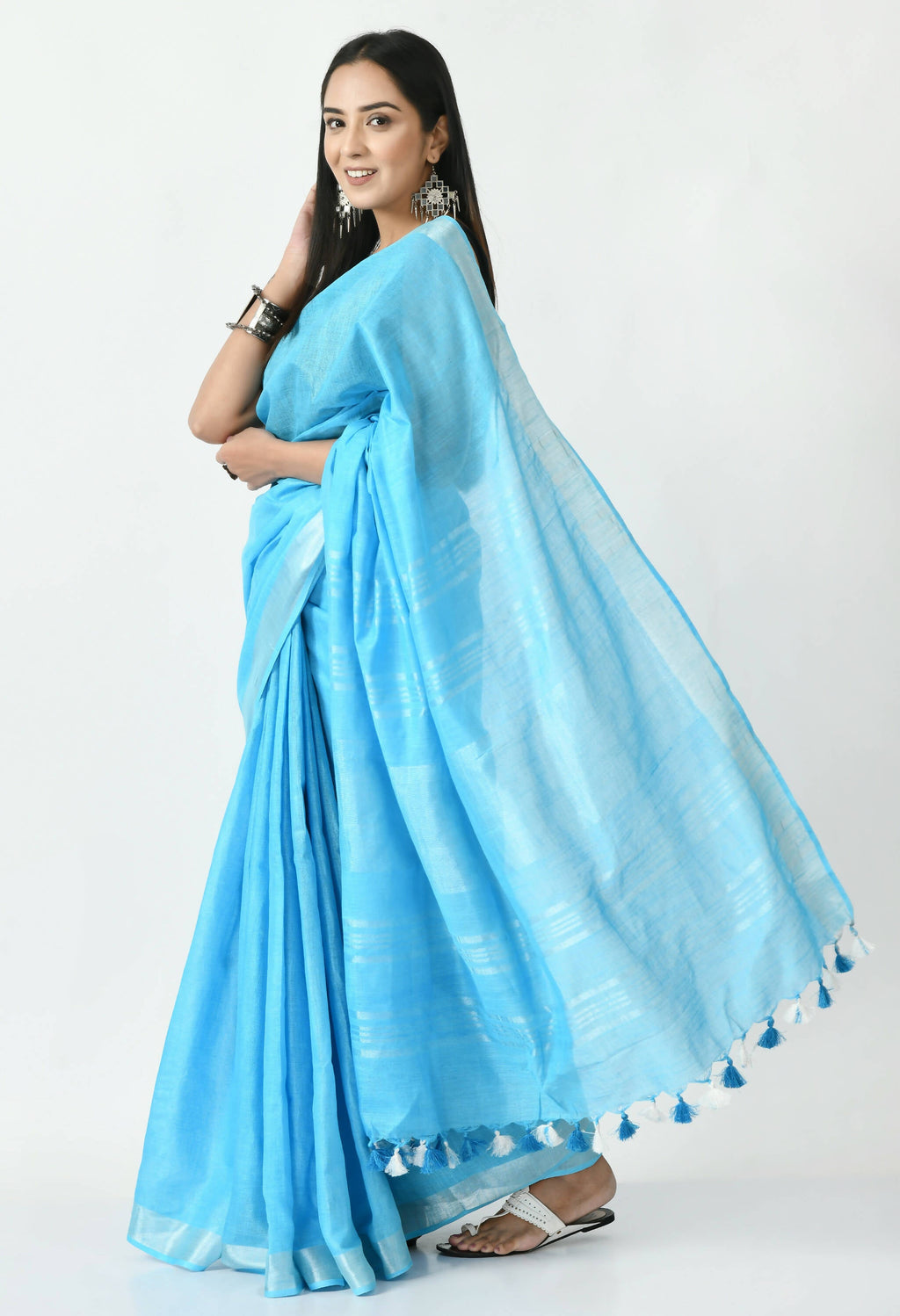 Moeza Sky Blue Bhagalpuri Handloom Silk Linen Saree with Blouse Piece