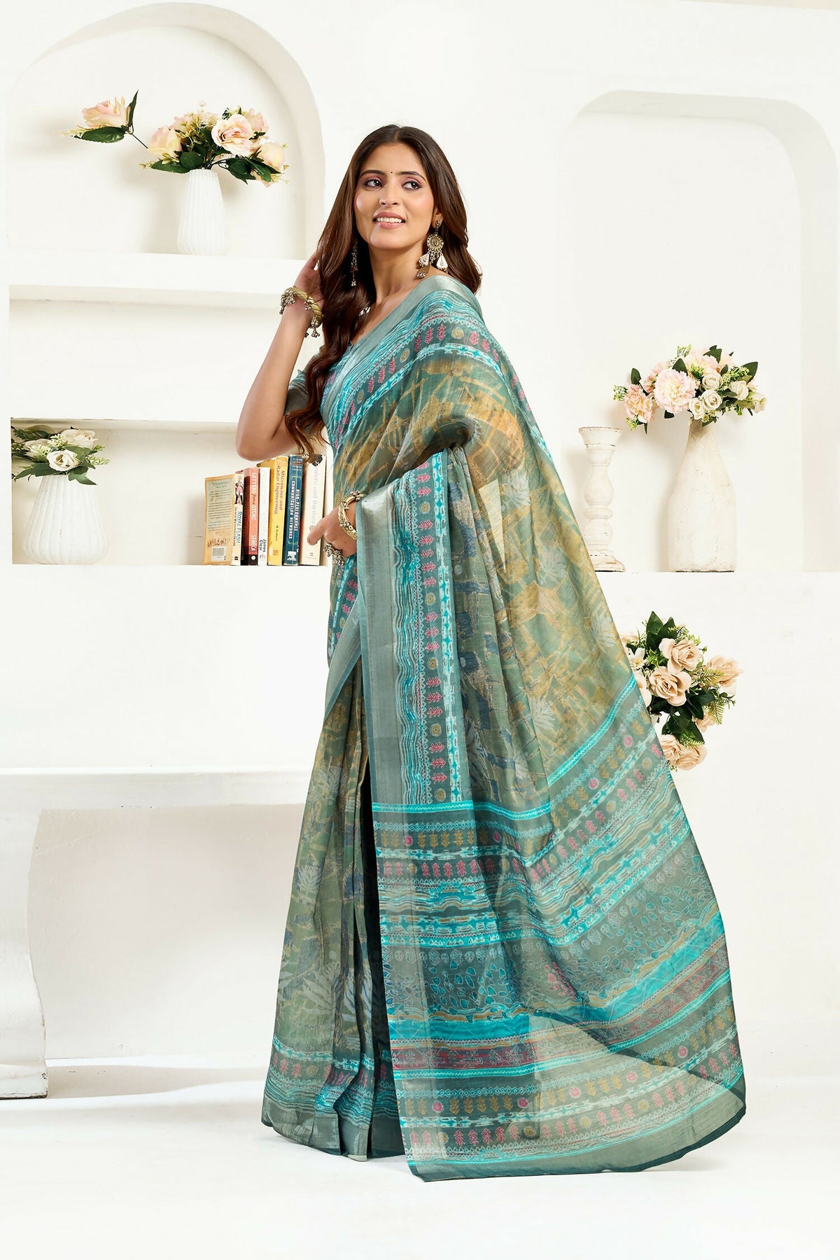 Petrol Linen Ready to Wear Saree with Ethnic Motifs and Blouse