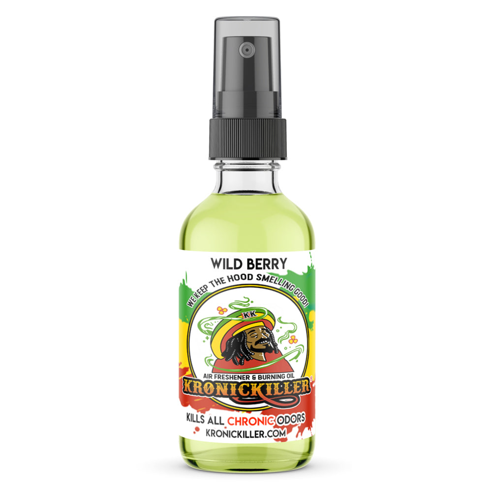 A clear spray bottle of KronicKiller Wild Berry air freshener and burning oil against a white background.