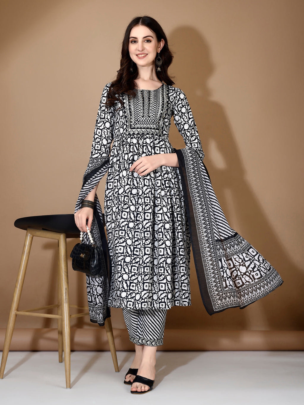 Black embroidered and printed Nyra cut kurta set with dupatta