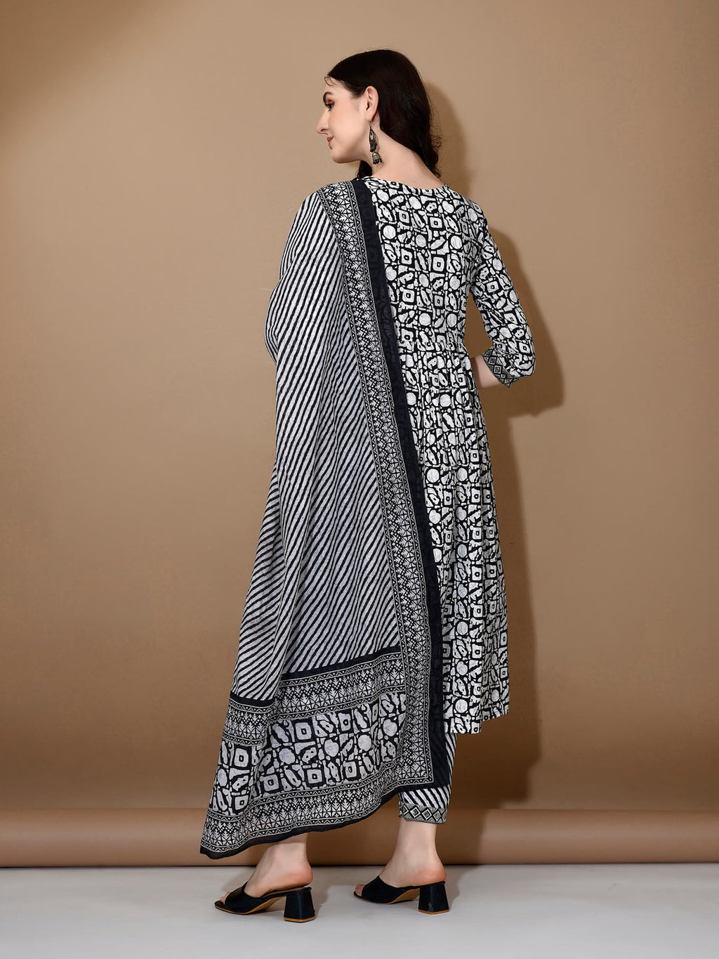 Black Embroidered & Printed Nyra Cut Kurta Set with Dupatta