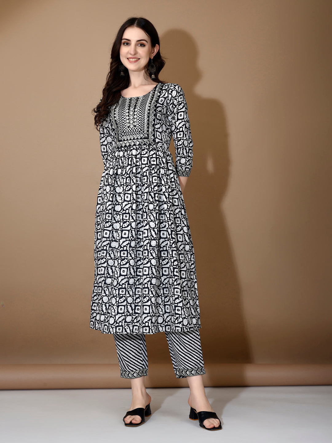 Black Embroidered & Printed Nyra Cut Kurta Set with Dupatta