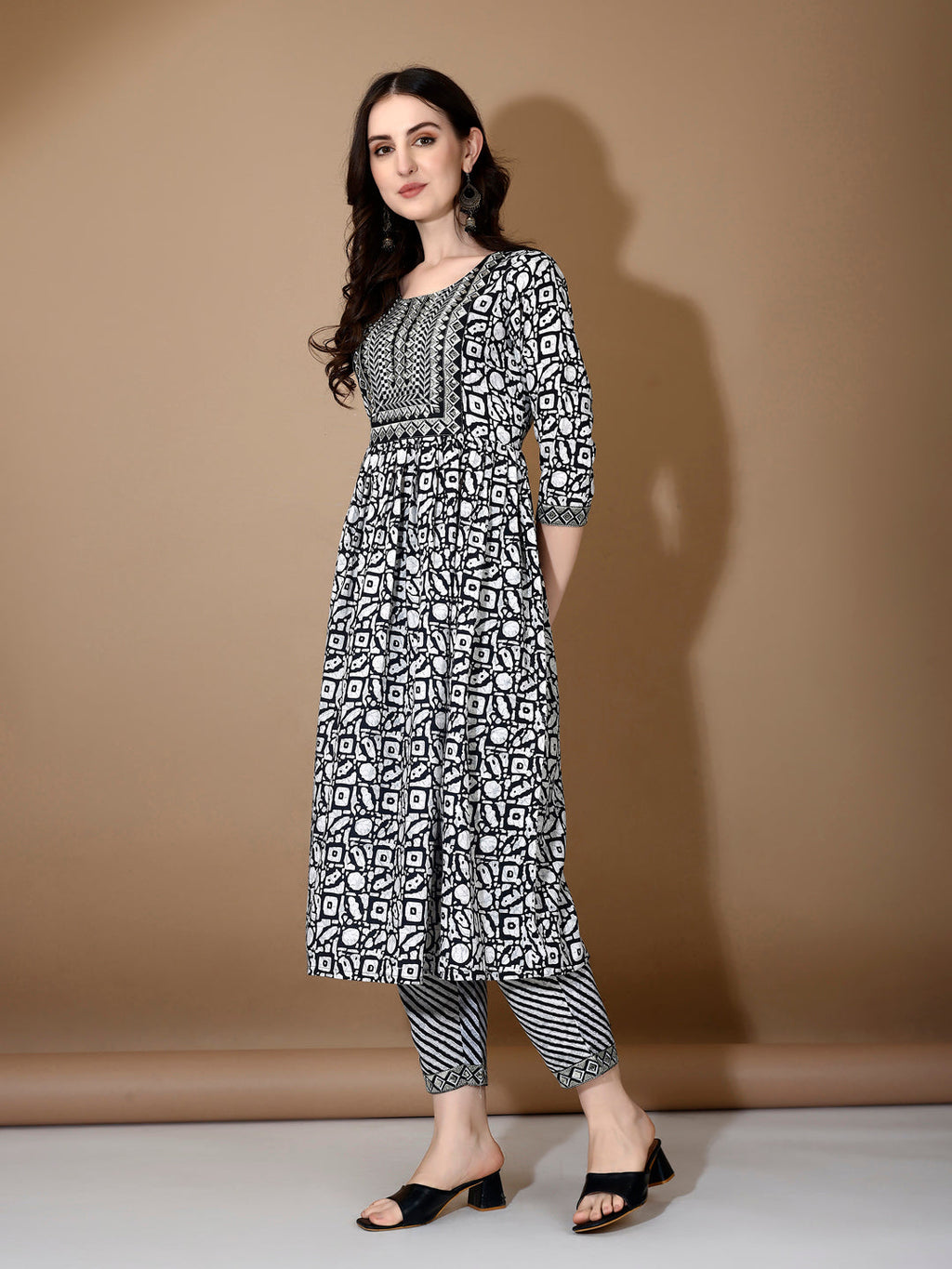 Black Embroidered & Printed Nyra Cut Kurta Set with Dupatta