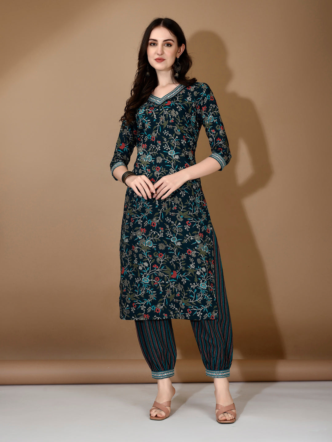 Blue Nyra Cut Embroidered Kurta Set with Pant and Dupatta