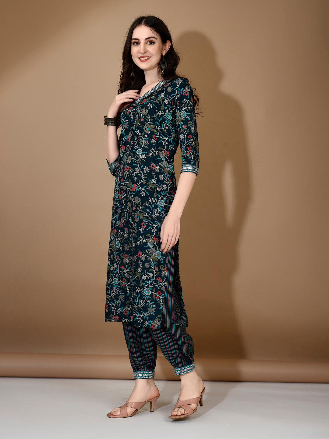 Blue Nyra Cut Embroidered Kurta Set with Pant and Dupatta