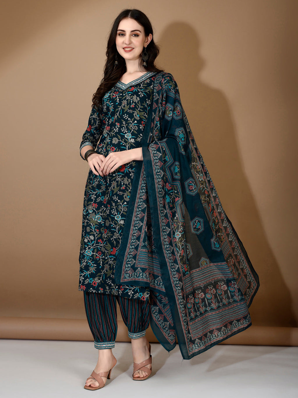 Blue Nyra Cut Embroidered Kurta Set with Pant and Dupatta