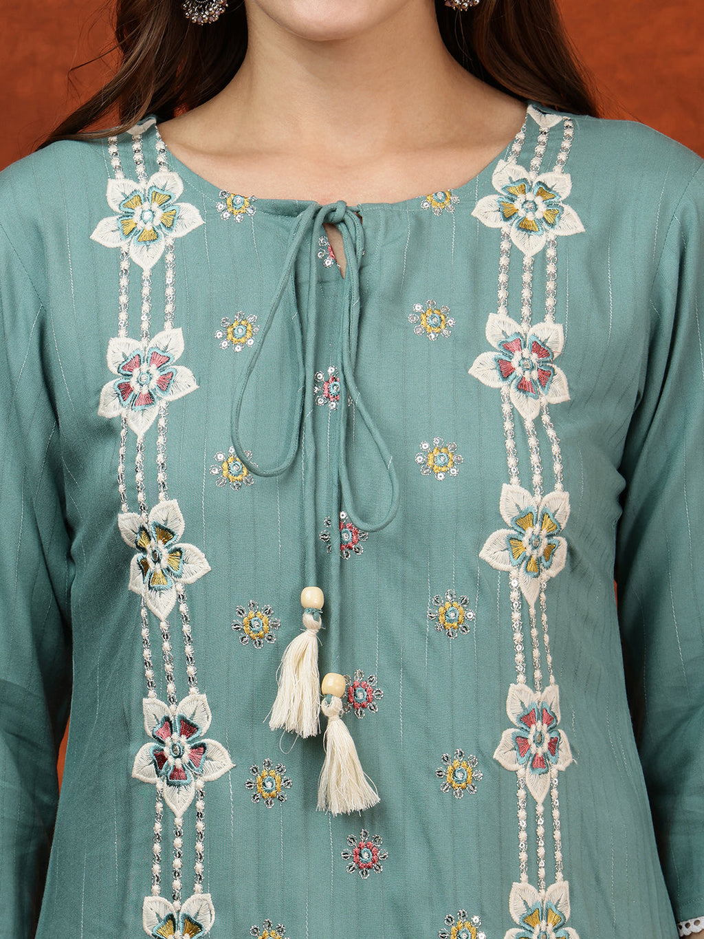 Floral Embroidered Tie Up Neck Kurta Set with Pant and Dupatta