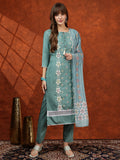 Turquoise rayon kurta set featuring floral embroidery, a tie-up neck, and matching pant and dupatta.