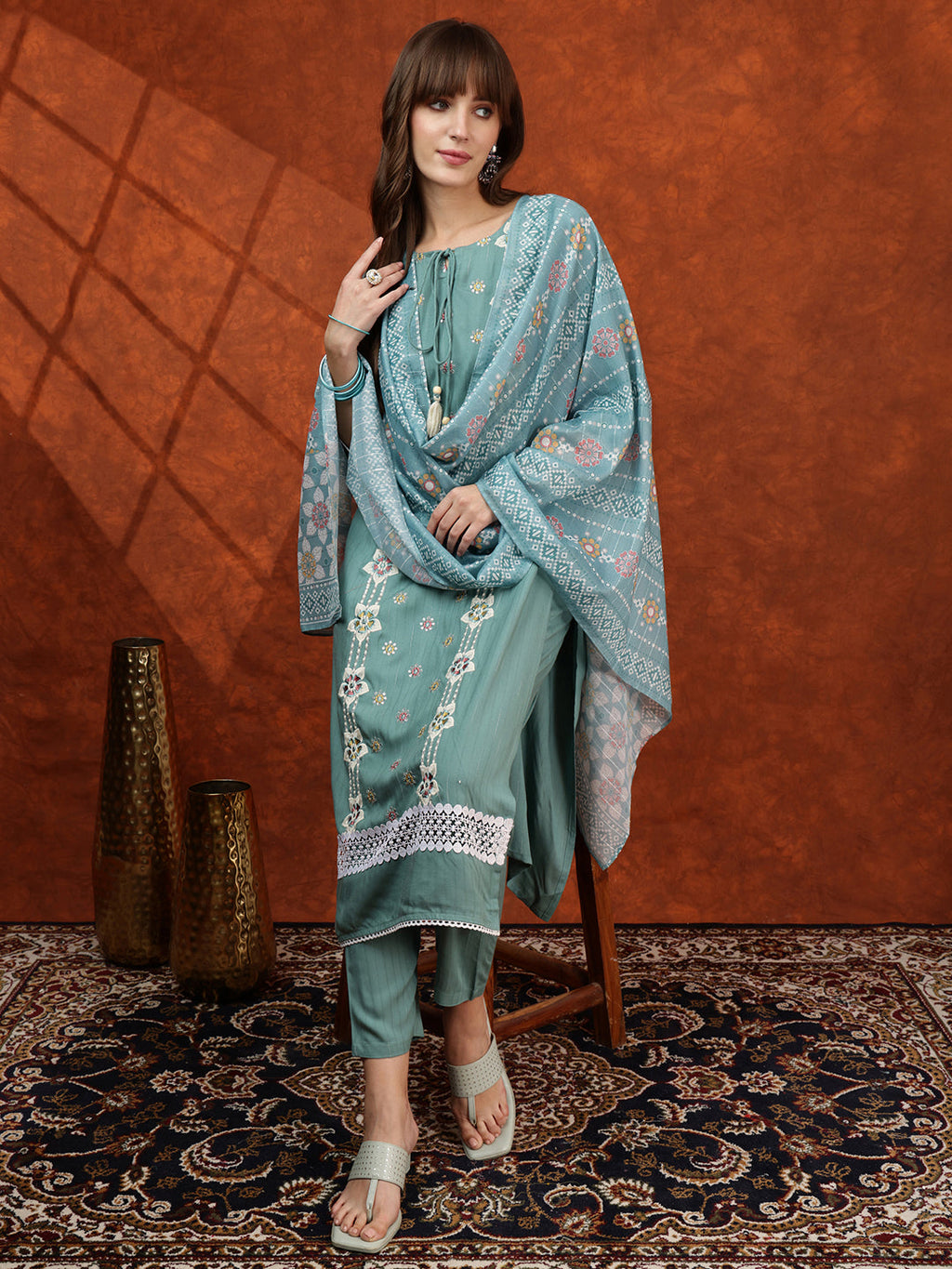 Floral Embroidered Tie Up Neck Kurta Set with Pant and Dupatta