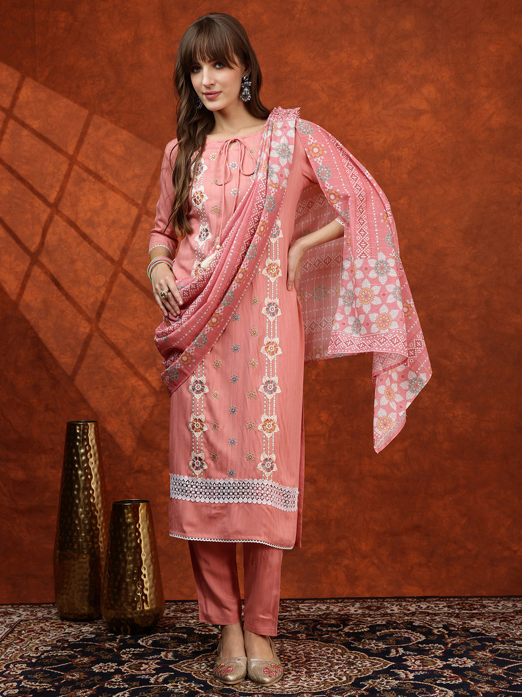 Floral Embroidered Tie-Up Neck Kurta Set with Pant and Dupatta