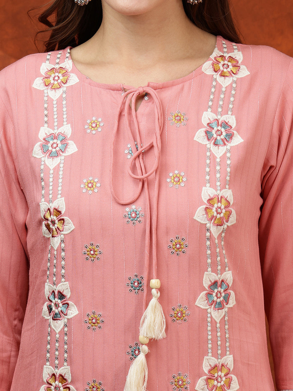 Floral Embroidered Tie-Up Neck Kurta Set with Pant and Dupatta