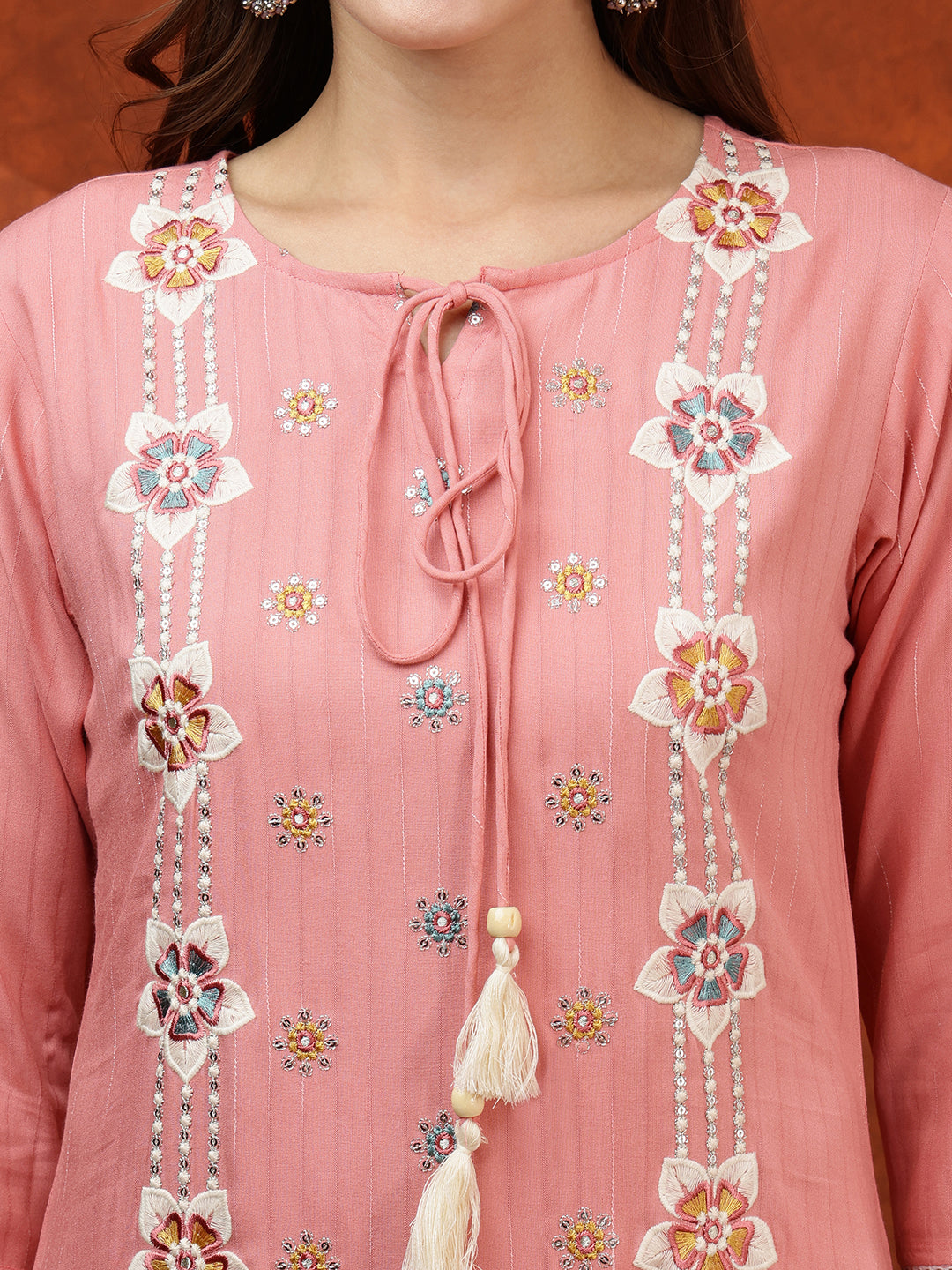 Floral Embroidered Tie-Up Neck Kurta Set with Pant and Dupatta