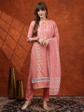 Pink floral embroidered kurta set with tie-up neck, pants, and matching dupatta