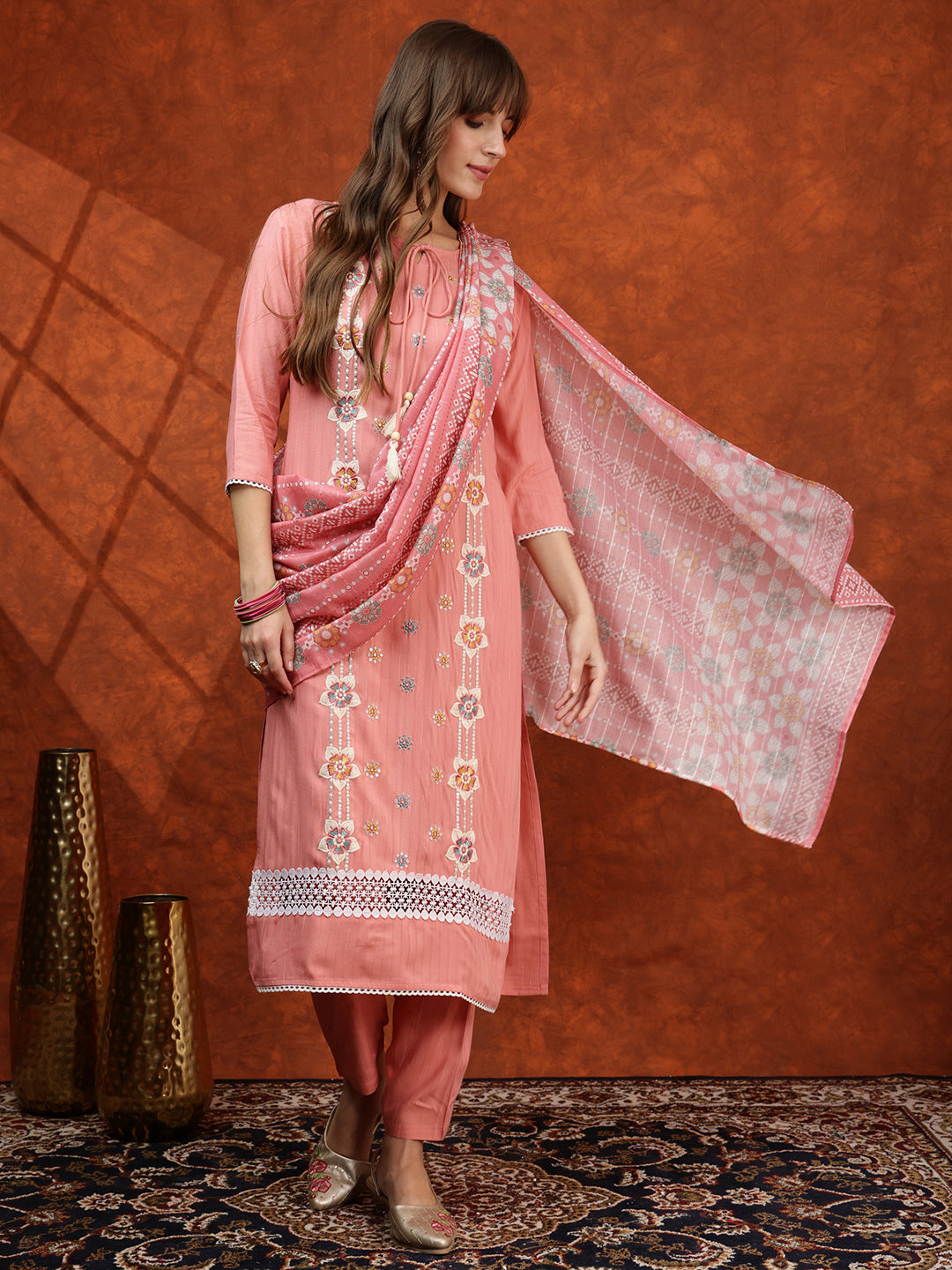 Floral Embroidered Tie-Up Neck Kurta Set with Pant and Dupatta