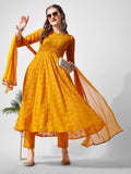 Mustard georgette flared kurta with intricate schiffly embroidery, pant, and dupatta