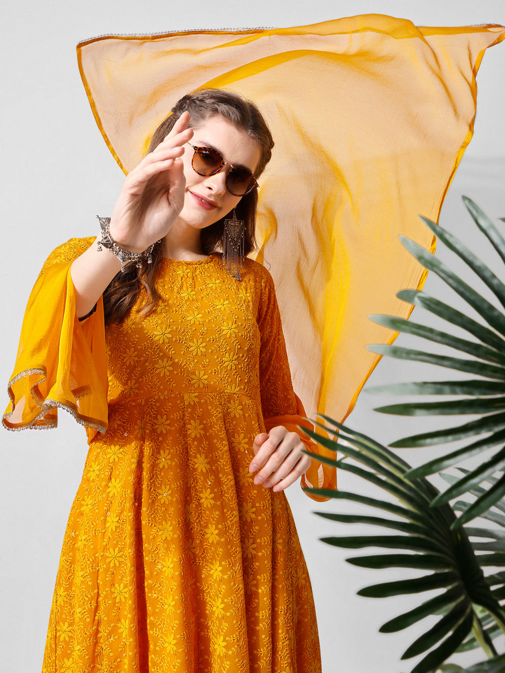 Mustard Schiffly Embroidered Flared Kurta Set with Dupatta