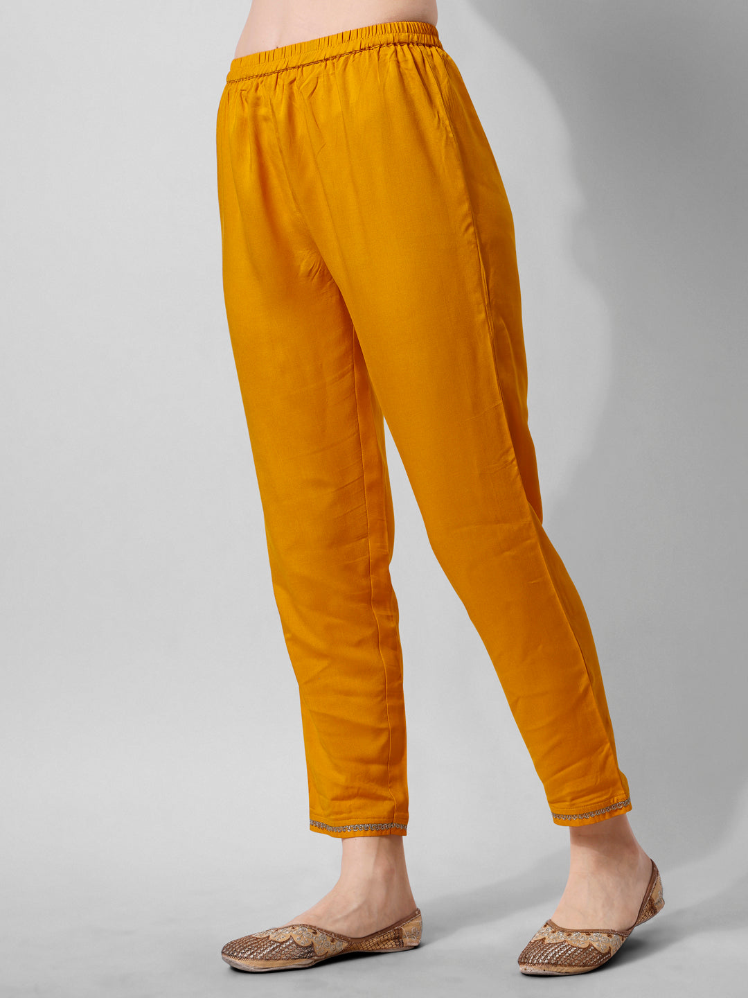 Mustard Schiffly Embroidered Flared Kurta Set with Dupatta