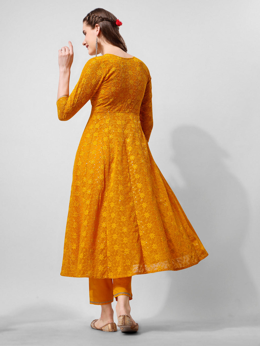 Mustard Schiffly Embroidered Flared Kurta Set with Dupatta