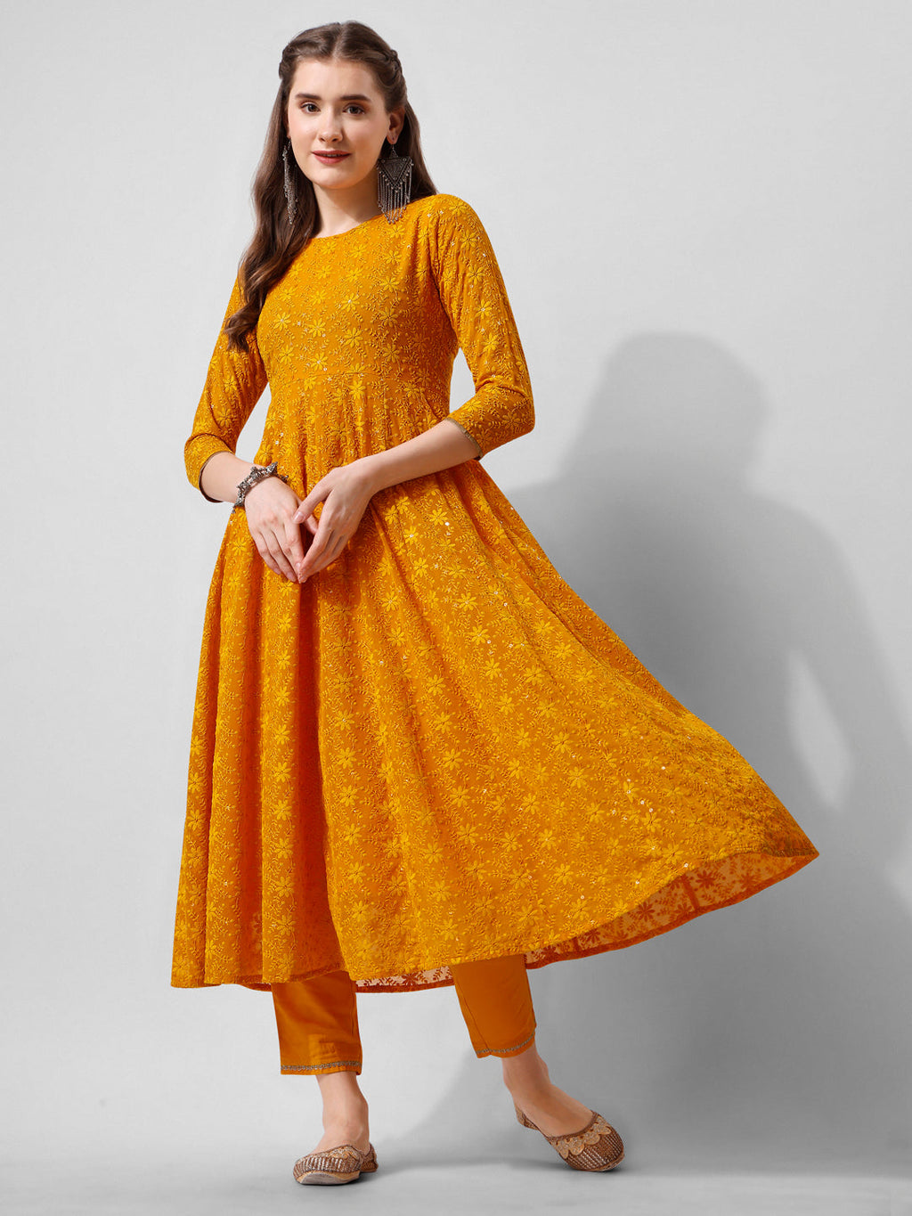 Mustard Schiffly Embroidered Flared Kurta Set with Dupatta