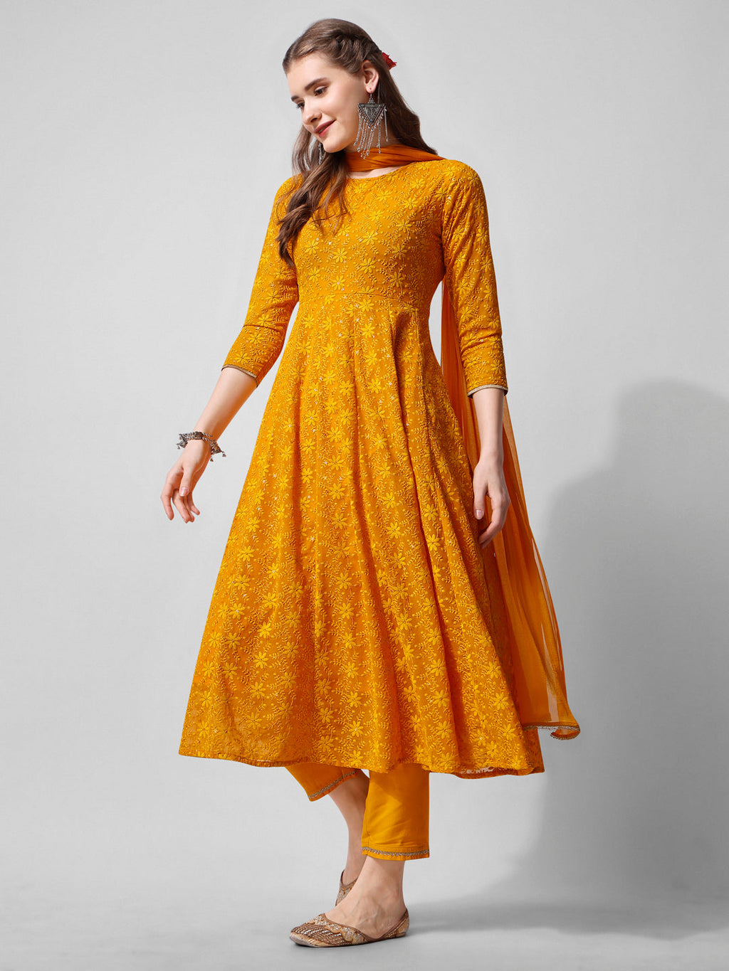 Mustard Schiffly Embroidered Flared Kurta Set with Dupatta