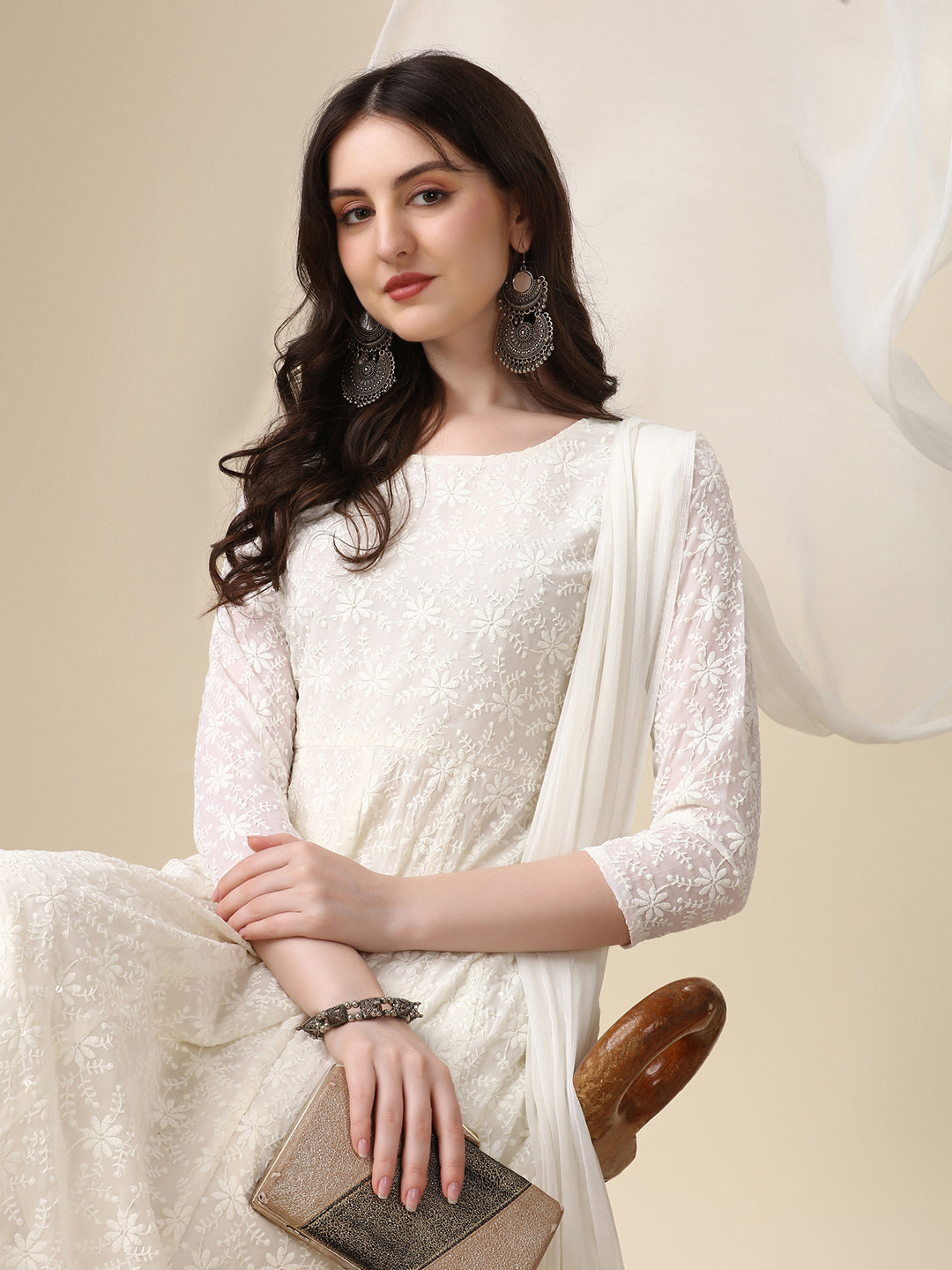 White Schiffly Embroidered Flared Kurta Set with Pant & Dupatta