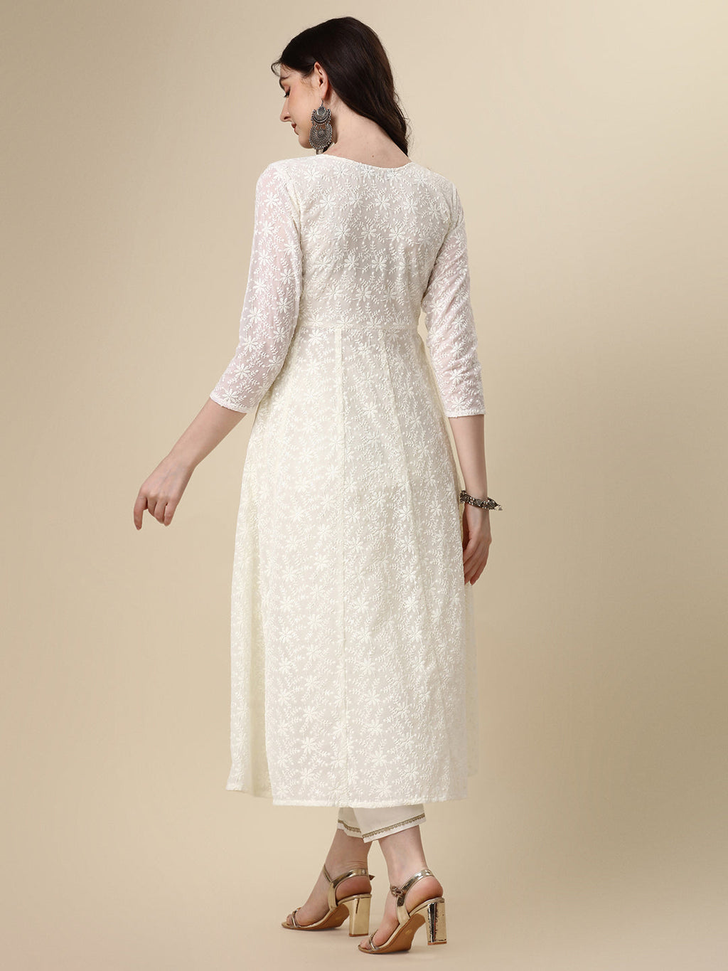 White Schiffly Embroidered Flared Kurta Set with Pant & Dupatta