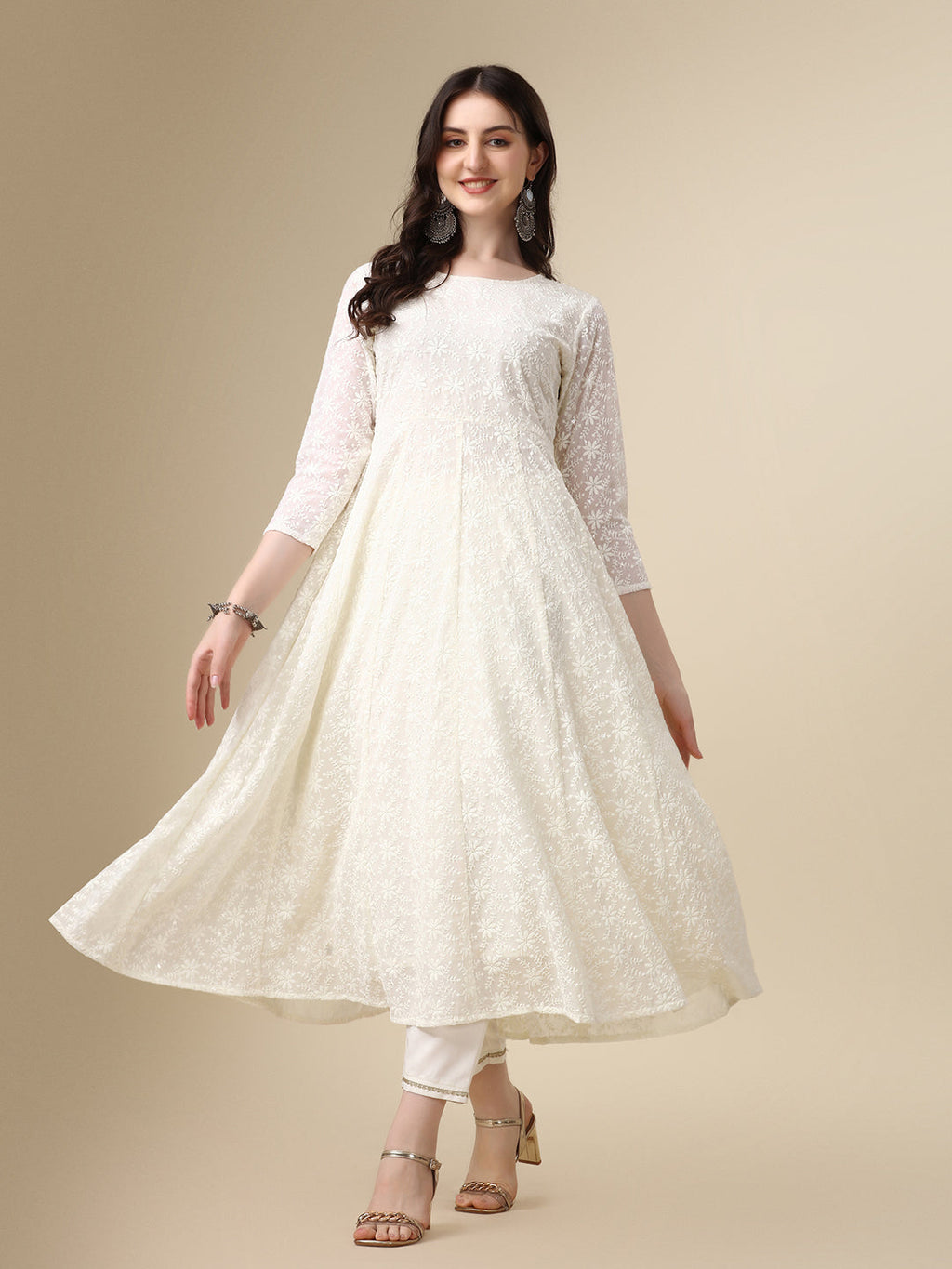 White Schiffly Embroidered Flared Kurta Set with Pant & Dupatta