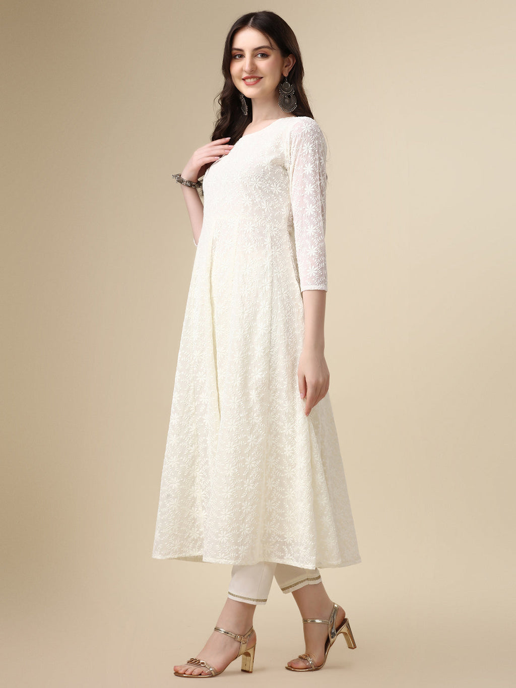 White Schiffly Embroidered Flared Kurta Set with Pant & Dupatta