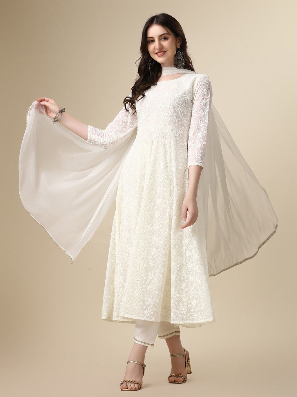 White Schiffly Embroidered Flared Kurta Set with Pant & Dupatta