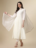 White Schiffly Embroidered Flared Kurta Set with Pant & Dupatta