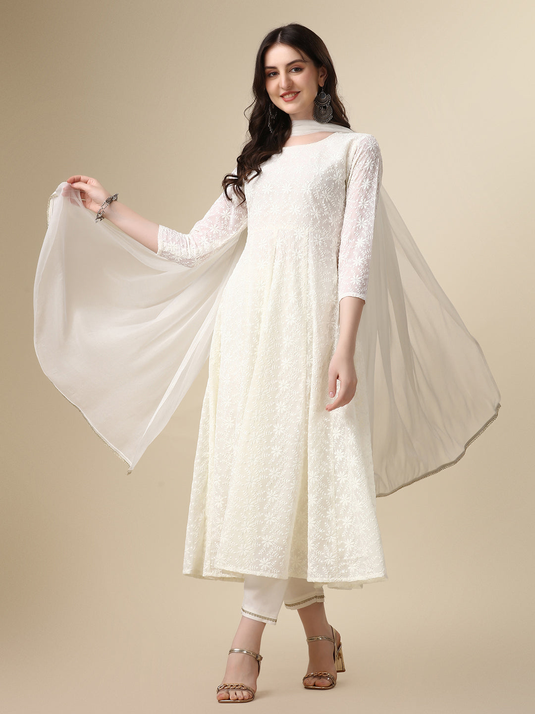 White Schiffly Embroidered Flared Kurta Set with Pant & Dupatta