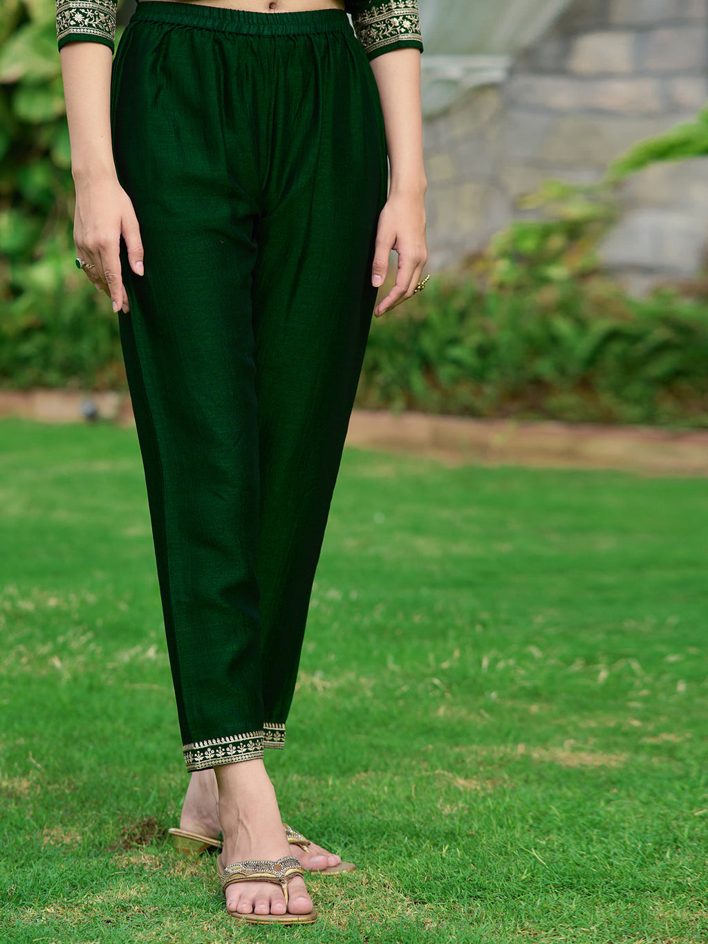 Bottle-Green Silk Embroidered Kurta Set with Dupatta